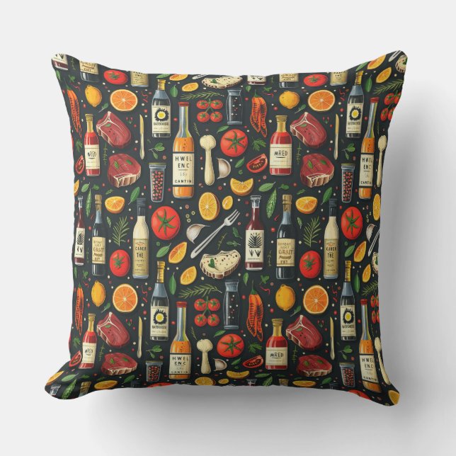 Almofada Churrasco de comida, talheres de churrasco, bifes, (Frente)