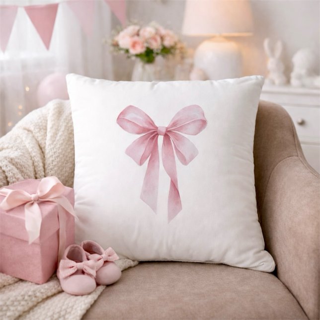 Almofada Chuva de Bebê Menina Arco Rosa Suave (Soft Pink Bow Girl Baby Shower Throw Pillow)