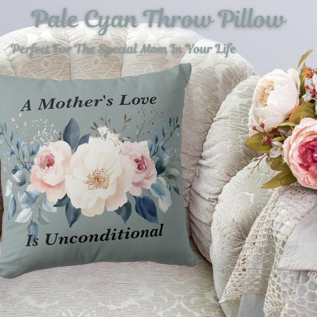 Almofada Cibão Pálido de Amor da Mãe Floral Elegante (Get this beautiful pale cyan throw pillow! Perfect for the special mom in your life.)
