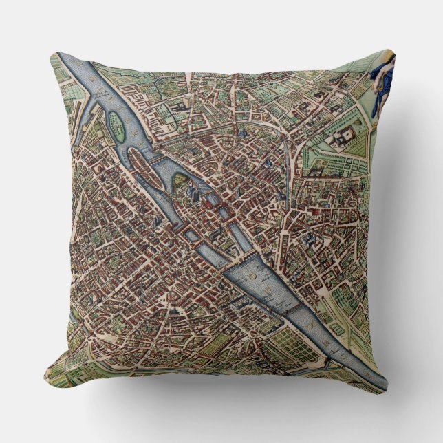 Almofada Cidade do mapa de Paris antiga (Frente)