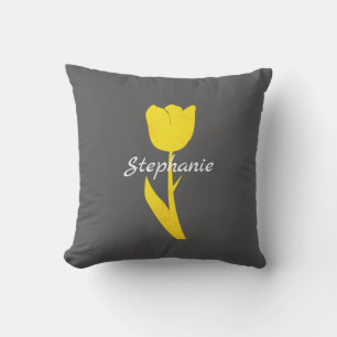 Almofada Cinza Amarela Tulipas Florais Padrões Monogramas