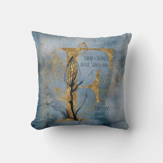 Almofada Cinza Azul Dourada F Travesseiro decorativo Monogr (Frente)