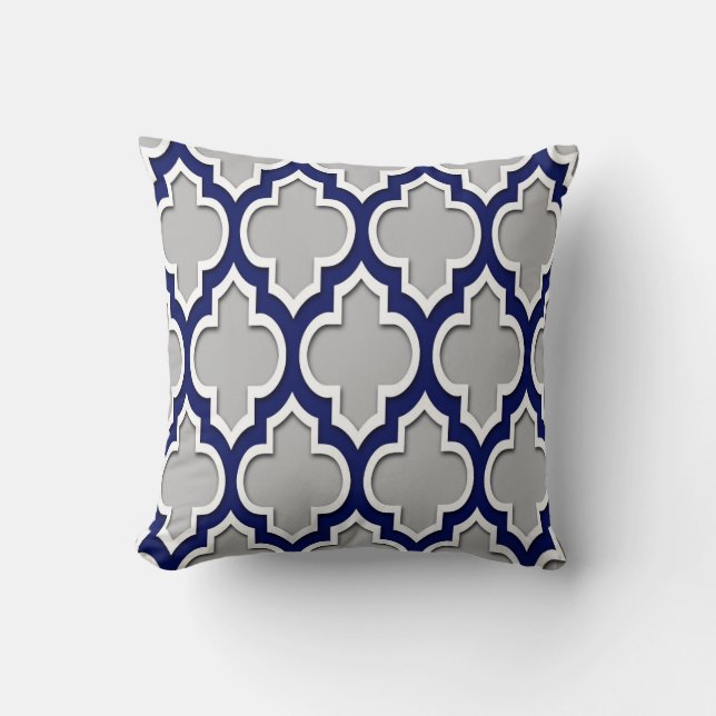 Almofada Cinza, Azul Marinho Branco Quatrefoil Marroquino # (Frente)