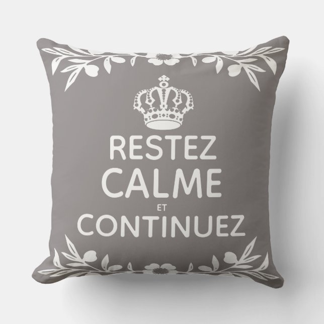 Almofada cinza branca ramo de oliveira Francês Manter Calmo (Frente)