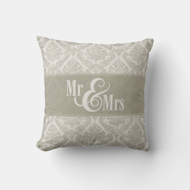 Almofada Cinza Damask "Mr & Mrs", travesseiro personalizado (Frente)