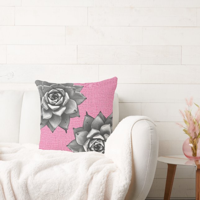 Almofada Cinza de Aquarela Suculta a Rosa (Sofá)