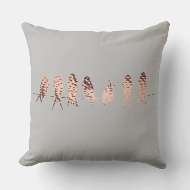 Almofada Cinza de Cobre Faux Design com Pássaros no Fio (Frente)