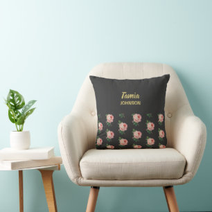 Almofada Cinza de nome personalizado de flor rosa
