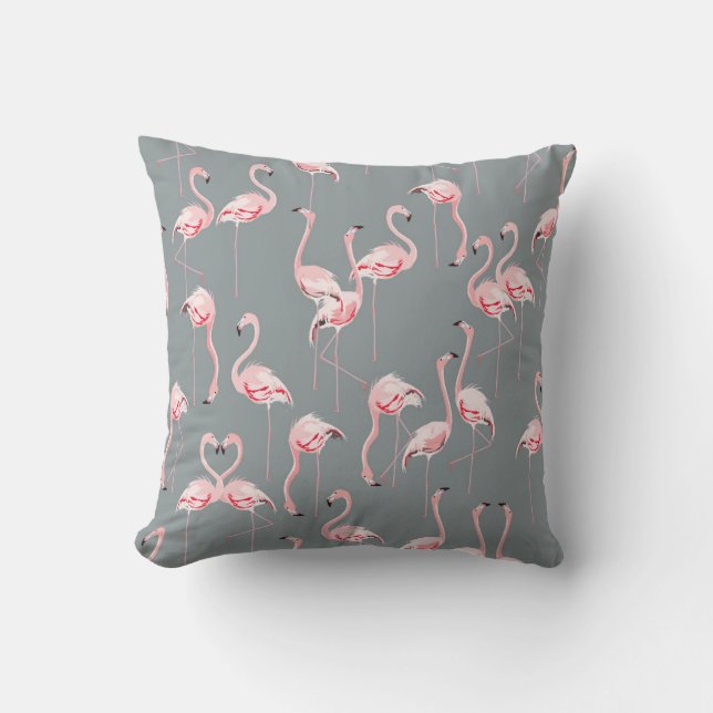 Almofada Cinza Flamingo: Padrão Vintage Invisível. (Frente)