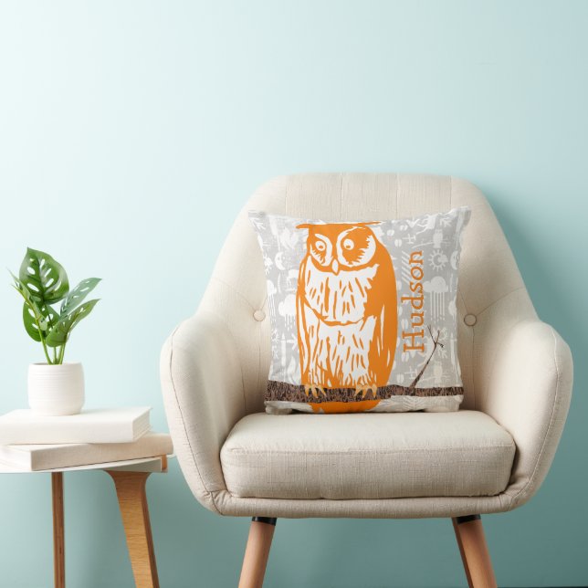 Almofada Cinza Monograma e Coral Laranja (Cadeira)