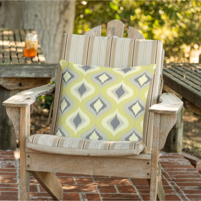 Almofada Cinza Mostarda Amarelo Verde Ochre Retro Arte Ikat (Cadeira)