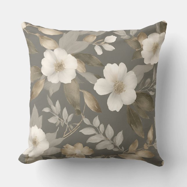 Almofada Cinza Neutra Beige Cream Moderna Floral (Frente)