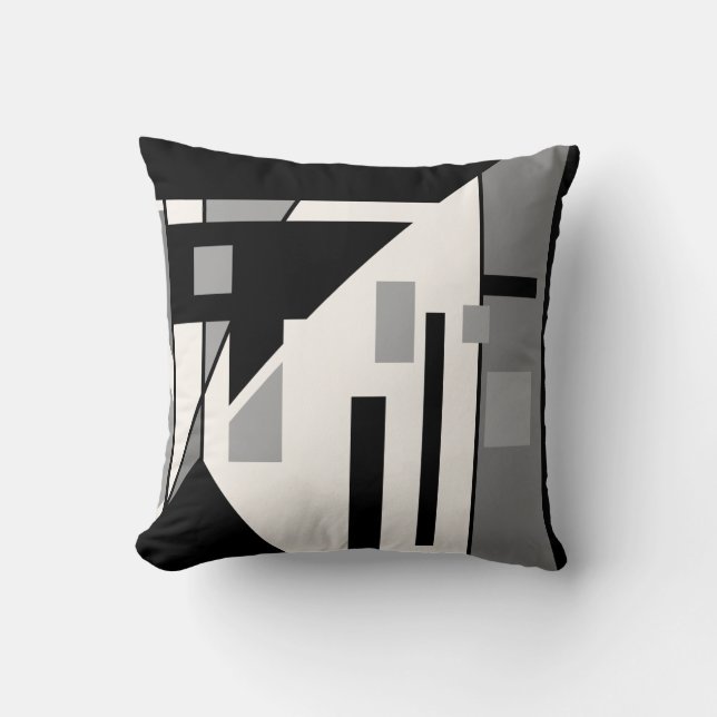 Almofada Cinza Preta Diagonal na Abstrato Geométrica Branca (Frente)