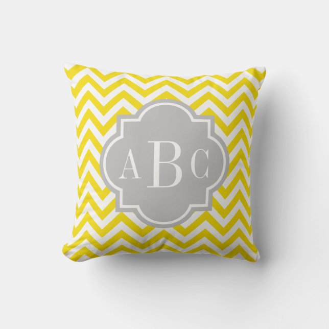 Almofada Cinza quatrefoil de quic e de chevron amarelo (Frente)