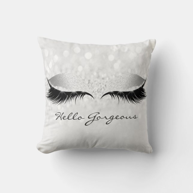 Almofada Cinza Silver Girly Makeup Lashes Olá Linda (Frente)