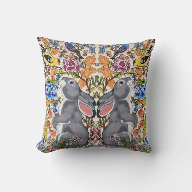 Almofada Cinza Whimssny Rabbit Bird Floral Jacobean (Frente)