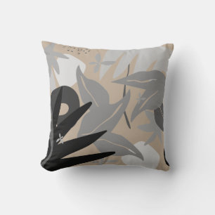 Almofada Cinzas Beige e Folhas de Abstrato Artística Negra