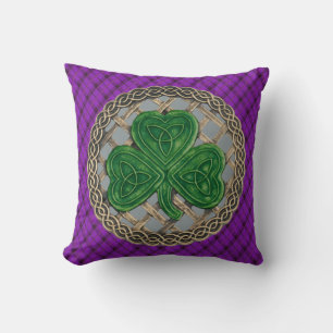 Almofada Cinzas Célticas De Shamrock Na Xadrez Roxa