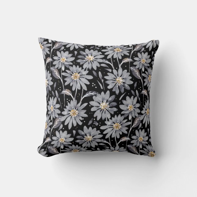 Almofada Cinzas de prata em Floral Reversível Preto (Frente)