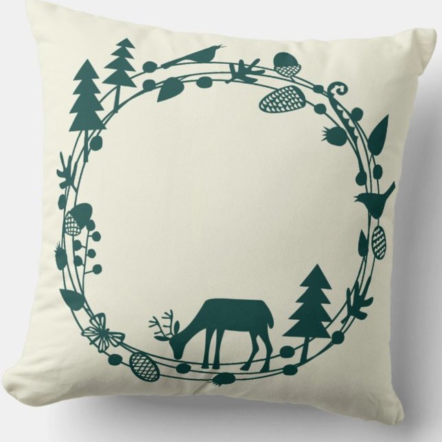 Almofada Círculo da Floresta de Deer (Deer in the Forest green and cream pillow)