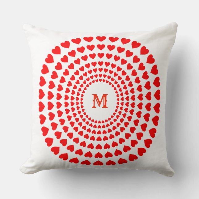 Almofada Círculos de Coração Vermelho Mandala em Branco (Frente)