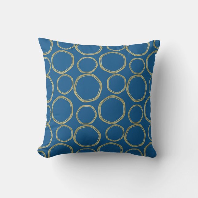 Almofada Círculos Dourados e Azul Brilhante Moda Moderna e  (Frente)