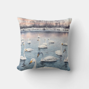 Almofada Cisne branco-mudo num lago. Pintel de aquarela