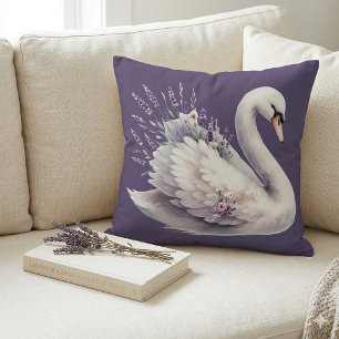 Almofada Cisne em Aquarela com Florais de Lavanda