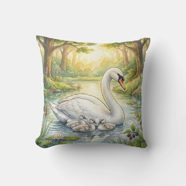 Almofada Cisne Fofo E Bebês Animais do Rio e do Lago  (Frente)