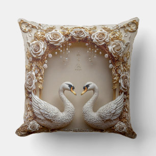 Almofada Cisnes Florais Casamento Pérola Dourada Romântica