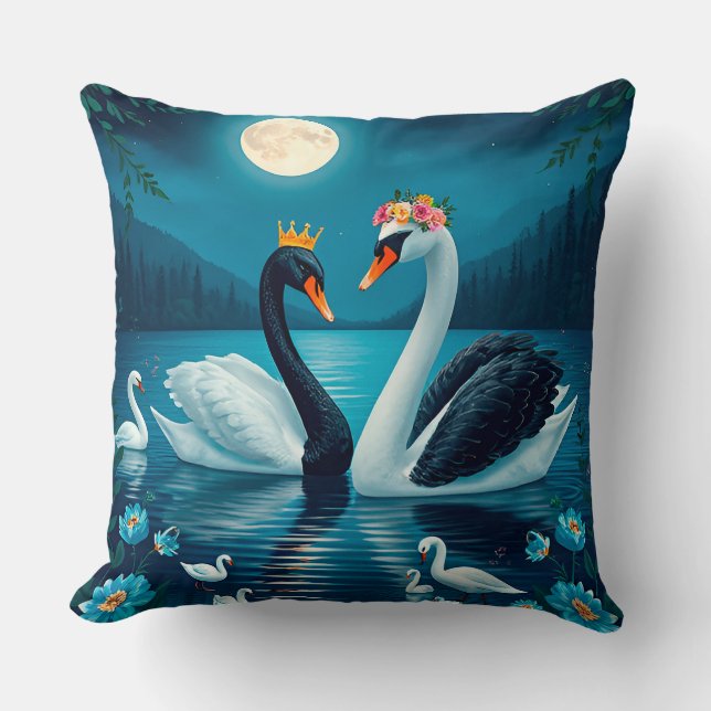 Almofada Cisnes Majestosos Sob o Céu ao Luar (Frente)