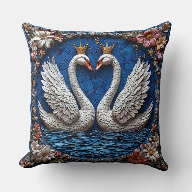 Almofada Cisnes Reais Coroados Aves de Amor Casamento Elega (Frente)