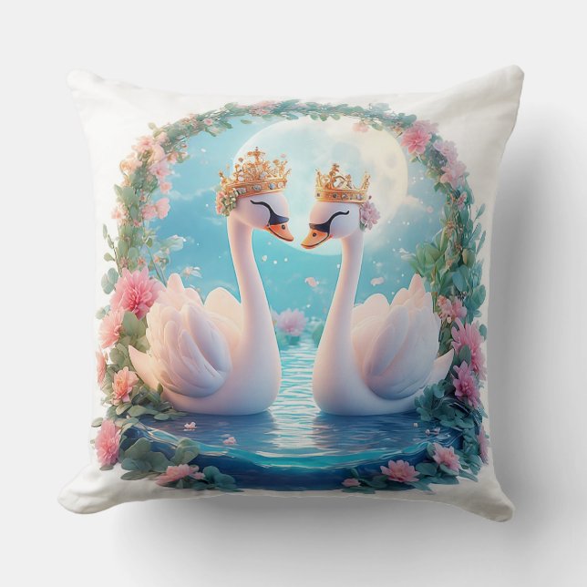 Almofada Cisnes Românticos Decorados com Flores (Frente)