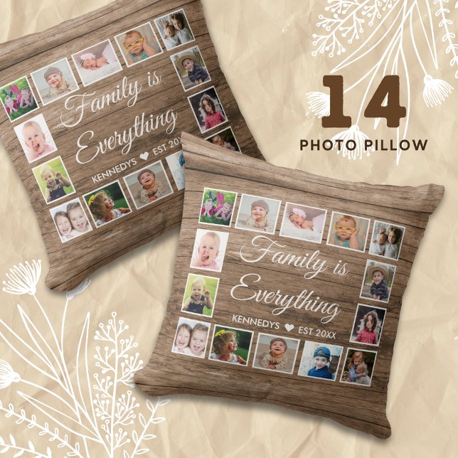 Almofada Citação da Família de Colagem de Fotos Rustic Wood (14 photo collage pillow)