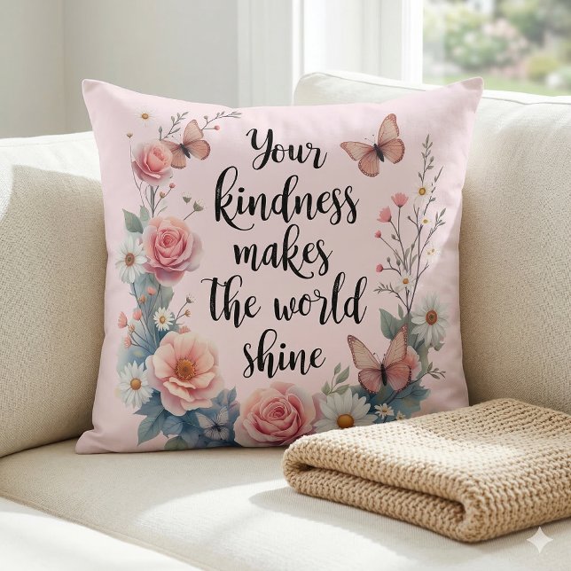 Almofada Citação Floral Inspiracional com Borboletas (Inspirational Floral Quote with Butterflies Throw Pillow Mockup A)