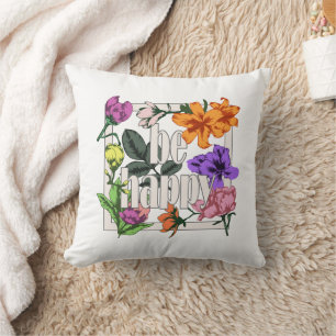 Almofada Citação positiva Ser Feliz e flores de jardim