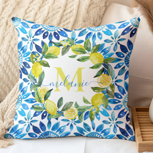Almofada Citrus costeiros e Azulejos azuis Nome personaliza