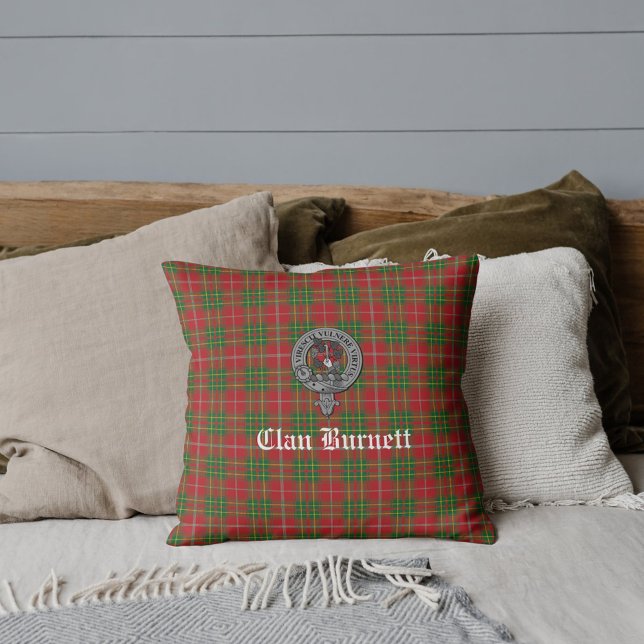 Almofada Clan Burnett Crest Crachá & Tartan (Criador carregado)