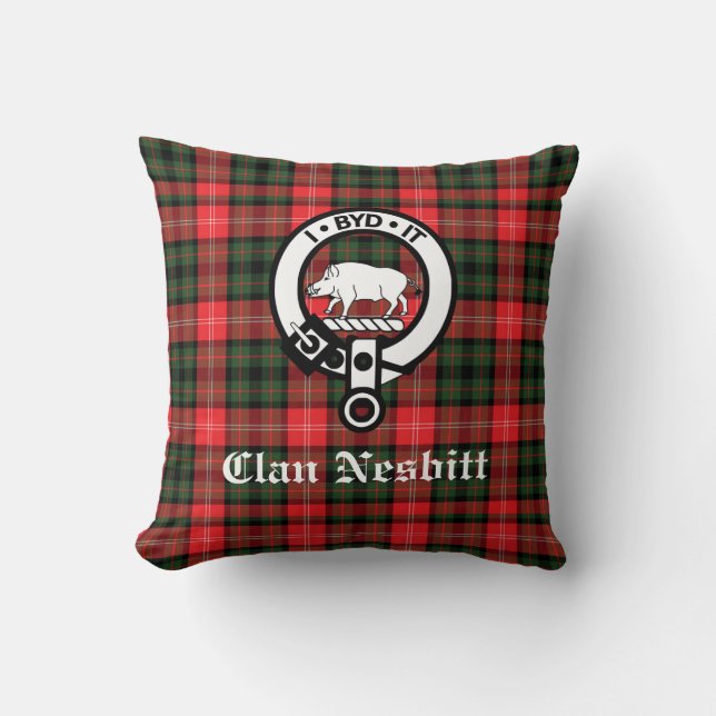 Almofada Clan Nesbitt Crest Crachá e Tartan Personalizado (Frente)