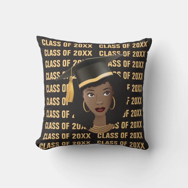 Almofada Classe de graduação de 20XX, Mulher Negra, Dourado (Frente)