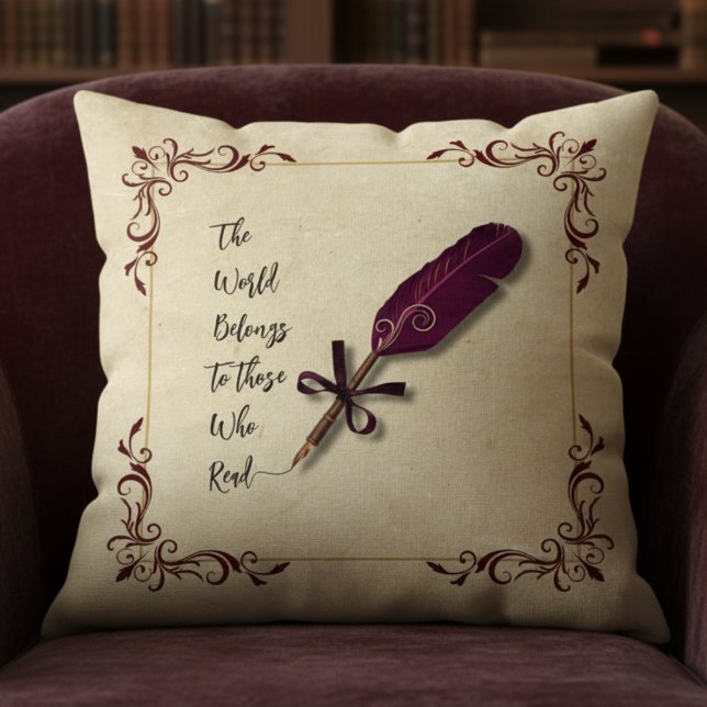 Almofada Classic Literary Burgundy Dark Academia (This Burgundy Quill Pillow is the perfect accent for a traditional Dark Academia)