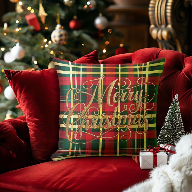 Almofada Clássica de Natal em Xadrez Vermelho e Ve (Festive Classic Christmas Tartan Merry Christmas Decorative Pillow)