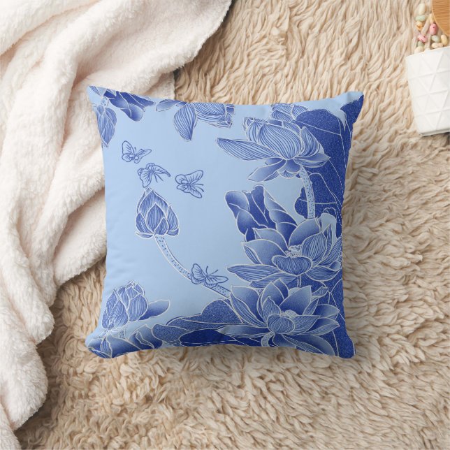 Almofada Clássico Azul Moderno Chinoiserie Chic Lotus Flora (Cobertor)