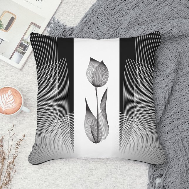 Almofada Clássico Tulip Preto e Branco Floral Mínimo (Criador carregado)