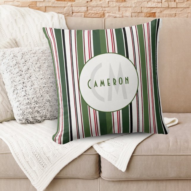Almofada Clássico Vintage Stripes Verde Moderno Personaliza (Classic Vintage Stripes Modern Green White Custom Throw Pillow)