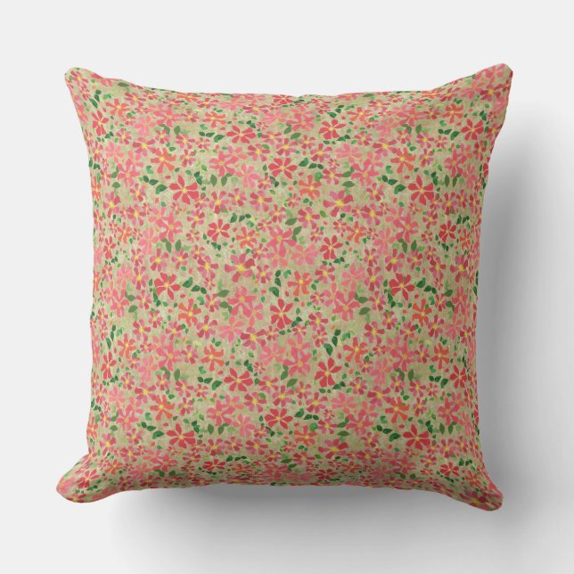 Almofada Clematis Pink, Red, Orange Floral Patterno em Taup (Frente)