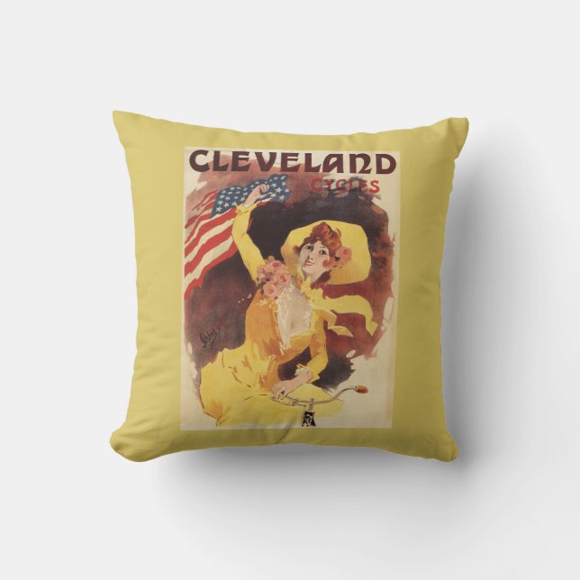 Almofada Cleveland Bicycles a menina americana no amarelo (Frente)