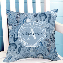 Almofada Coastal Monogram Blue Ocean Sea Life