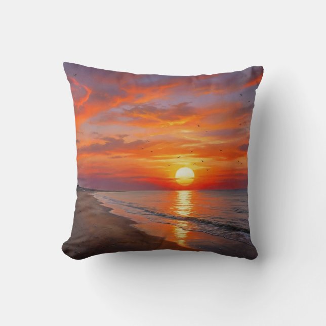 Almofada Coastal Ocean Purple Orange Sunset Throw Pillow (Frente)