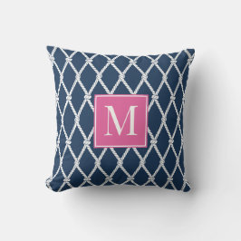 Almofada Coastal Preppy Nautical Monogram – Navy & Hot Pink